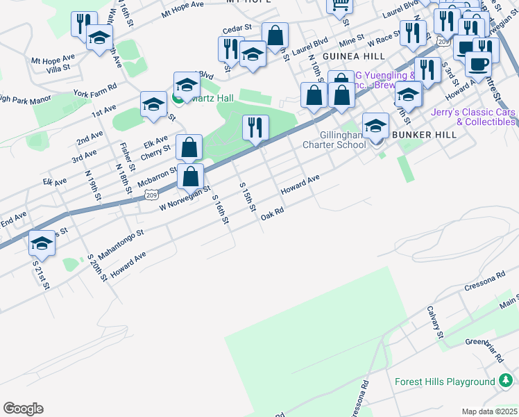 map of restaurants, bars, coffee shops, grocery stores, and more near 1441 Howard Avenue in Pottsville
