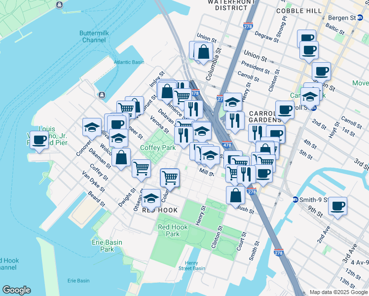 map of restaurants, bars, coffee shops, grocery stores, and more near 19 West 9th Street in Brooklyn