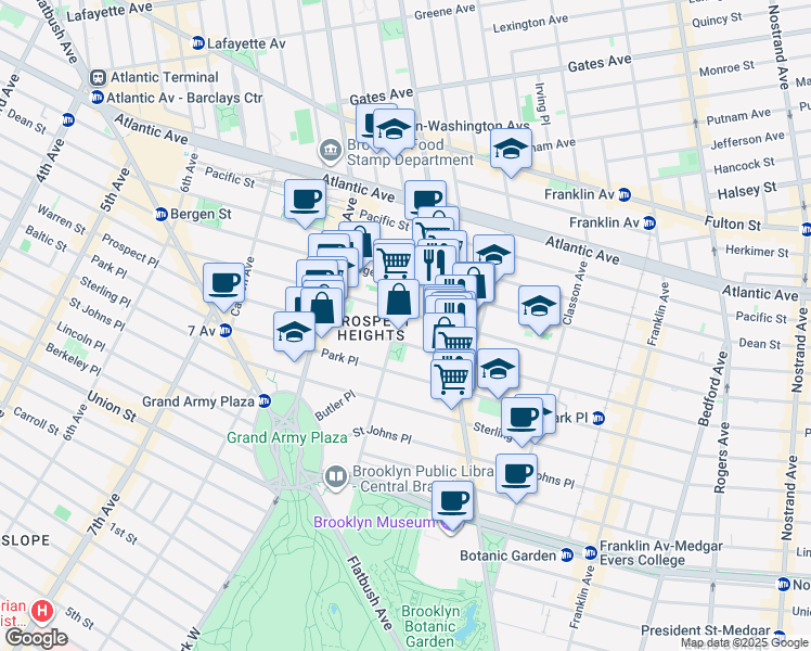 map of restaurants, bars, coffee shops, grocery stores, and more near 105 Underhill Avenue in Brooklyn