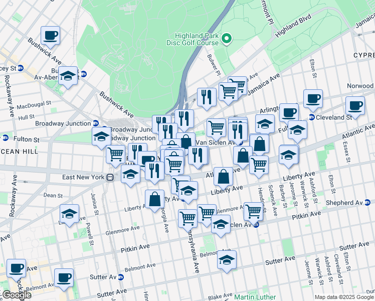 map of restaurants, bars, coffee shops, grocery stores, and more near 117 New Jersey Avenue in Brooklyn