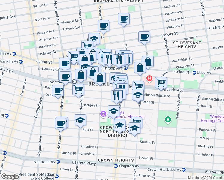 map of restaurants, bars, coffee shops, grocery stores, and more near 1436 Pacific Street in Brooklyn