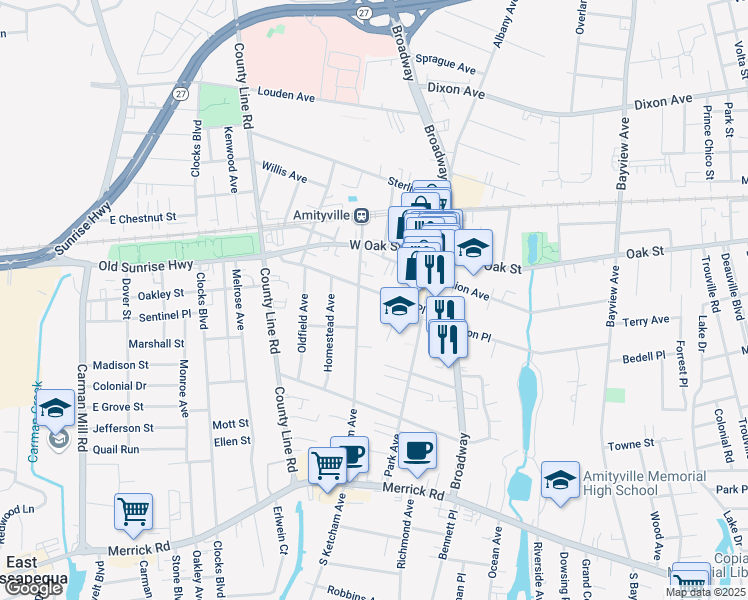 map of restaurants, bars, coffee shops, grocery stores, and more near 159 Ketcham Avenue in Amityville