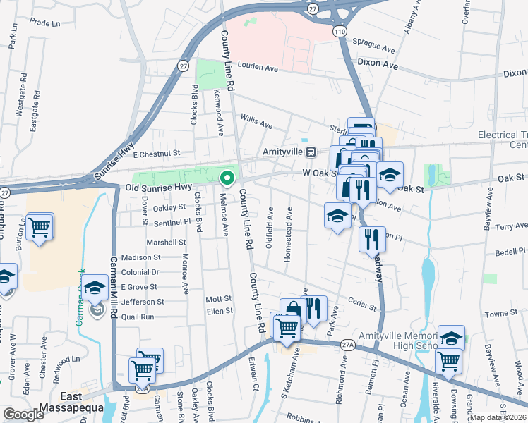 map of restaurants, bars, coffee shops, grocery stores, and more near 158 Oldfield Avenue in Amityville