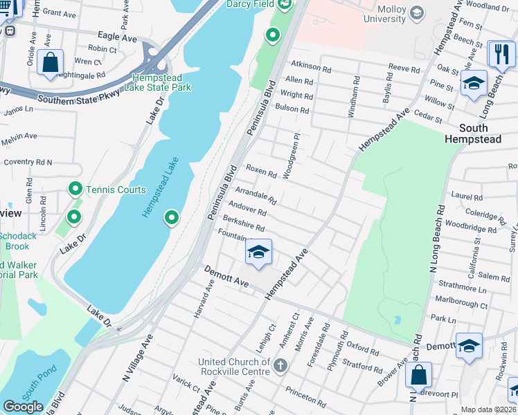 map of restaurants, bars, coffee shops, grocery stores, and more near 60 Andover Road in Rockville Centre