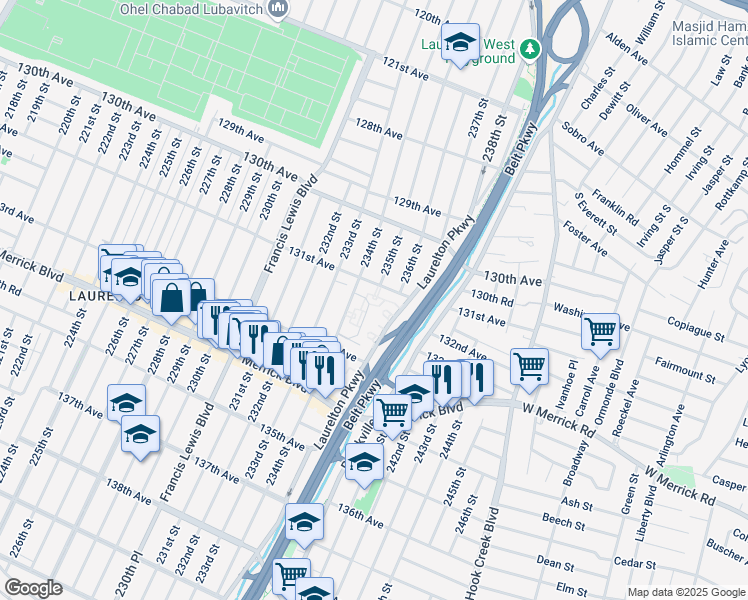 map of restaurants, bars, coffee shops, grocery stores, and more near 131-39 234th Street in Queens