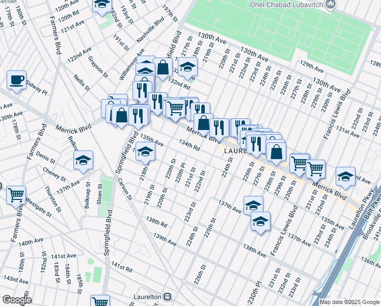 map of restaurants, bars, coffee shops, grocery stores, and more near 135-02 221st Street in Queens