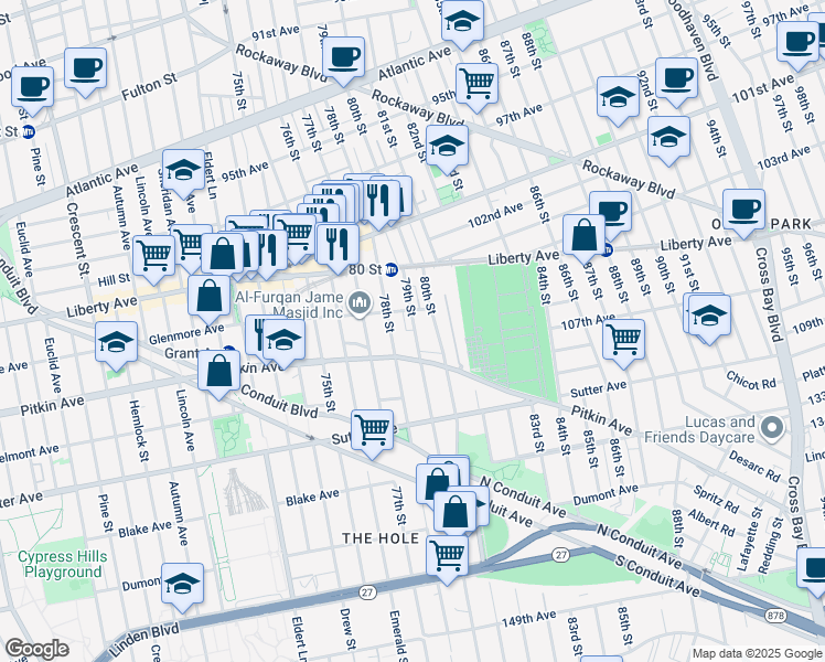 map of restaurants, bars, coffee shops, grocery stores, and more near 78-14 Pitkin Avenue in Queens
