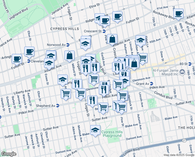 map of restaurants, bars, coffee shops, grocery stores, and more near 403 Chestnut Street in Brooklyn