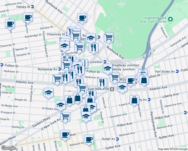 map of restaurants, bars, coffee shops, grocery stores, and more near 1422 Herkimer Street in Brooklyn