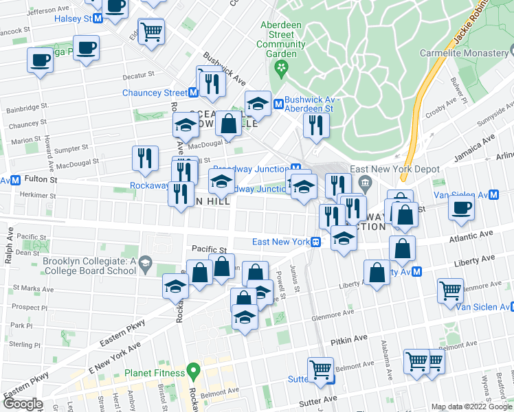 map of restaurants, bars, coffee shops, grocery stores, and more near 1422 Herkimer Street in Brooklyn