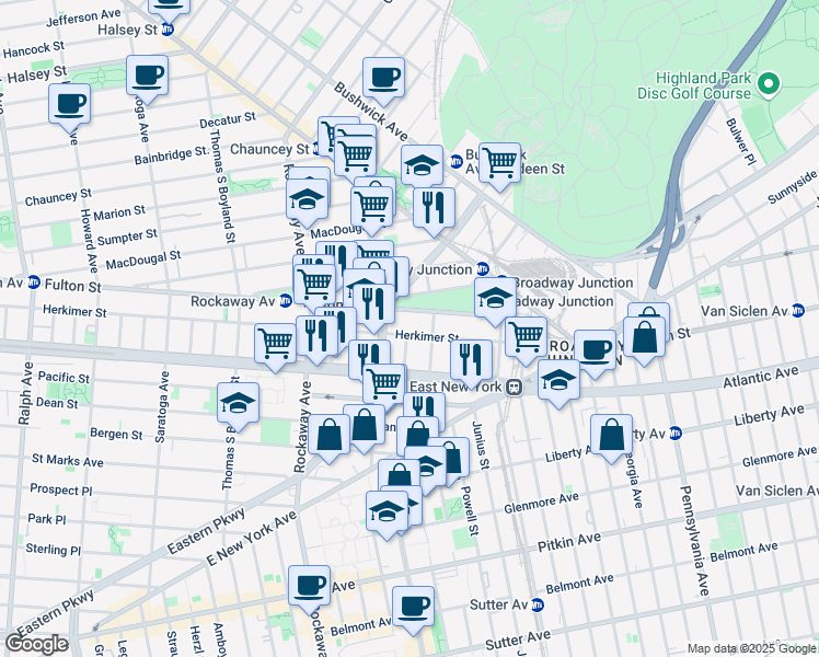 map of restaurants, bars, coffee shops, grocery stores, and more near 1422 Herkimer Street in Brooklyn