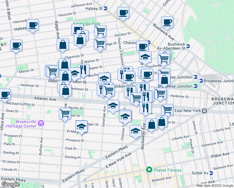 map of restaurants, bars, coffee shops, grocery stores, and more near 23 Roosevelt Place in Brooklyn