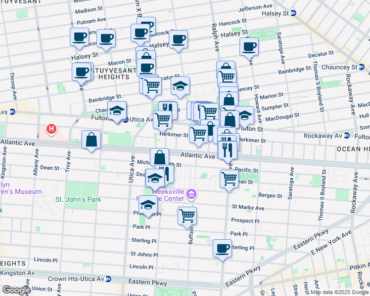 map of restaurants, bars, coffee shops, grocery stores, and more near 1908 Atlantic Avenue in Brooklyn