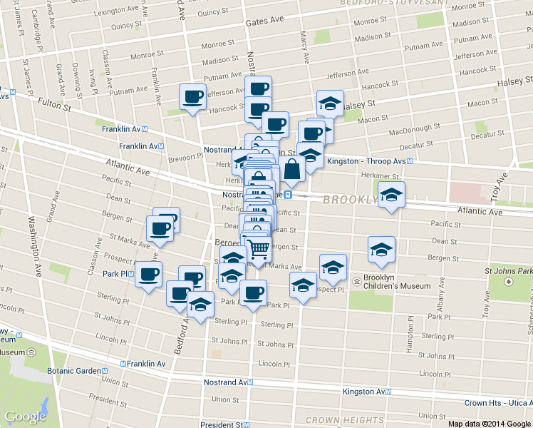 map of restaurants, bars, coffee shops, grocery stores, and more near 628 Nostrand Avenue in Brooklyn