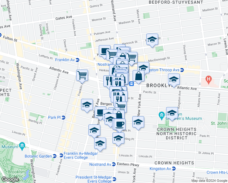 map of restaurants, bars, coffee shops, grocery stores, and more near 628 Nostrand Avenue in Brooklyn