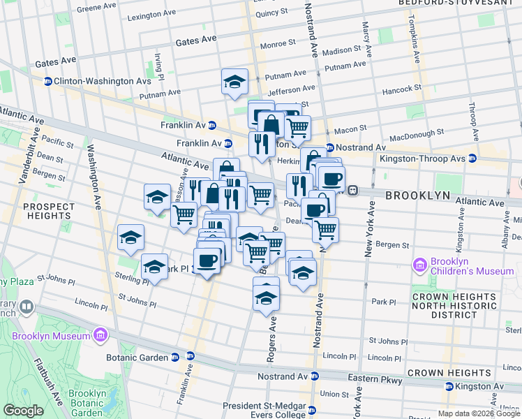 map of restaurants, bars, coffee shops, grocery stores, and more near 1076 Dean Street in Brooklyn
