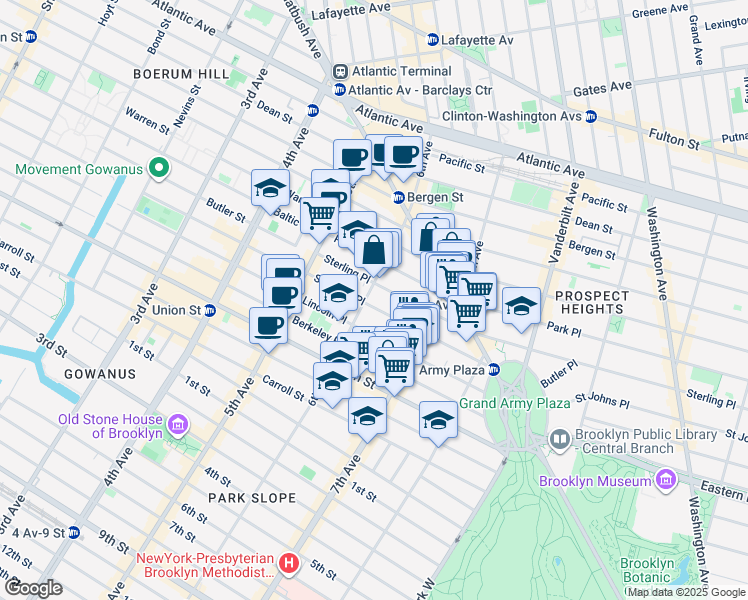 map of restaurants, bars, coffee shops, grocery stores, and more near 119 Saint Johns Place in Brooklyn