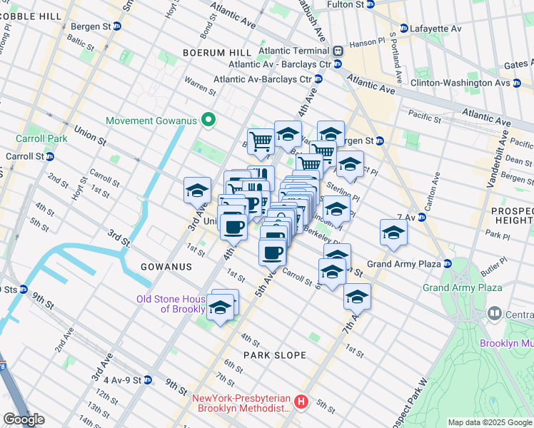 map of restaurants, bars, coffee shops, grocery stores, and more near 208 5th Avenue in Brooklyn
