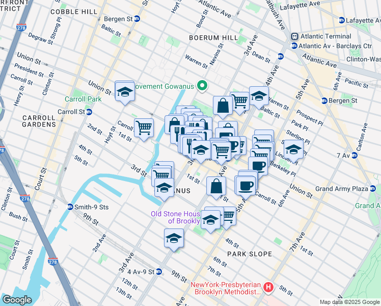 map of restaurants, bars, coffee shops, grocery stores, and more near 276 3rd Avenue in Brooklyn