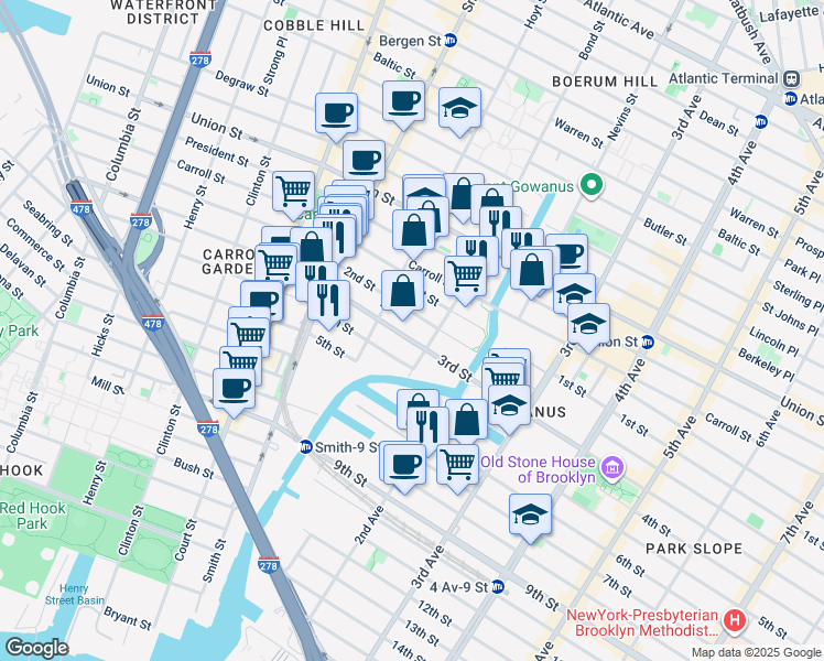 map of restaurants, bars, coffee shops, grocery stores, and more near 110 3rd Street in Brooklyn