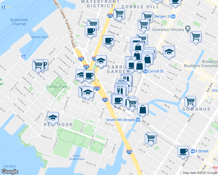 map of restaurants, bars, coffee shops, grocery stores, and more near Hamilton Avenue in Brooklyn