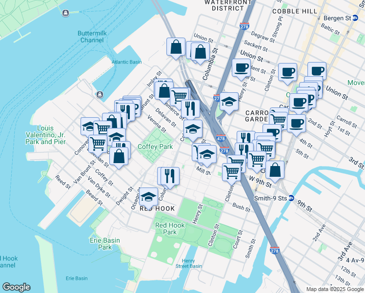 map of restaurants, bars, coffee shops, grocery stores, and more near 19 West 9th Street in Brooklyn