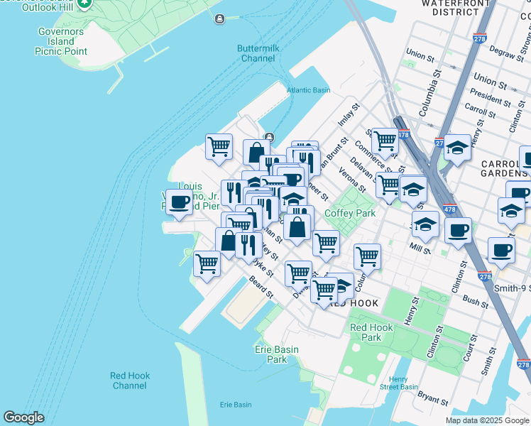map of restaurants, bars, coffee shops, grocery stores, and more near 353 Van Brunt Street in Brooklyn