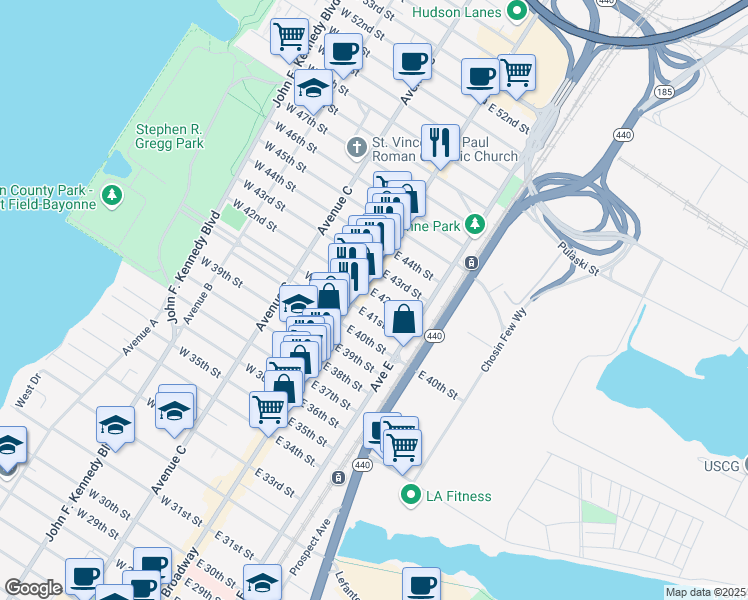 map of restaurants, bars, coffee shops, grocery stores, and more near 23 East 41st Street in Bayonne