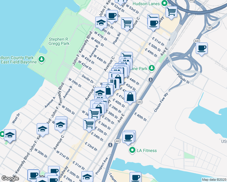 map of restaurants, bars, coffee shops, grocery stores, and more near 861 Broadway in Bayonne