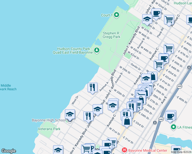 map of restaurants, bars, coffee shops, grocery stores, and more near 32 Roosevelt Terrace in Bayonne