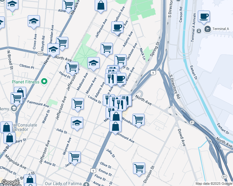 map of restaurants, bars, coffee shops, grocery stores, and more near 735 Van Buren Avenue in Elizabeth