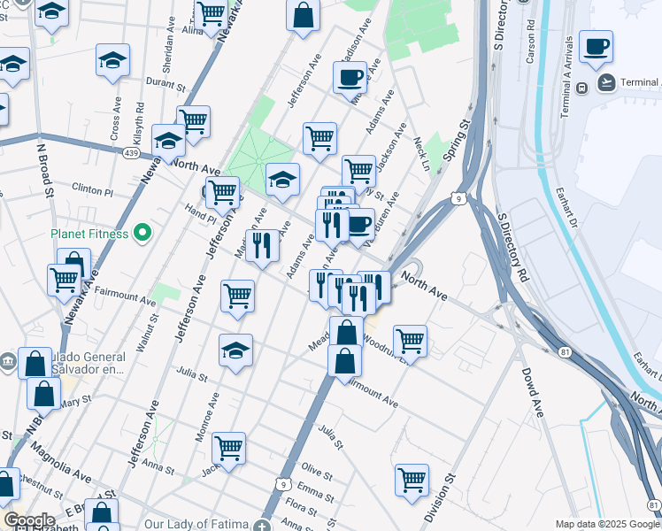 map of restaurants, bars, coffee shops, grocery stores, and more near 721 Jackson Avenue in Elizabeth