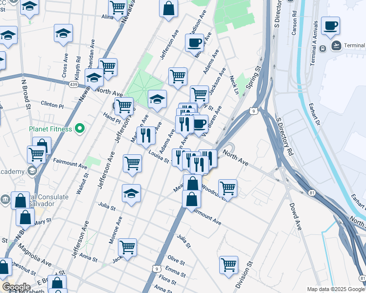 map of restaurants, bars, coffee shops, grocery stores, and more near 721 Jackson Avenue in Elizabeth