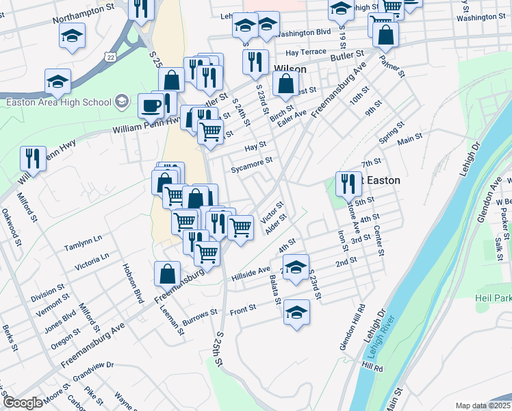map of restaurants, bars, coffee shops, grocery stores, and more near 2451 Freemansburg Avenue in Easton