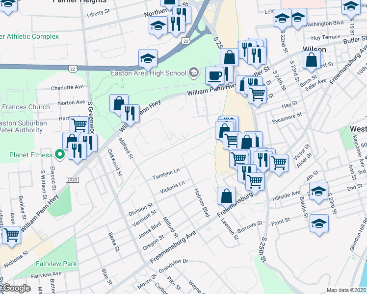map of restaurants, bars, coffee shops, grocery stores, and more near 2666 Anthony Court in Easton