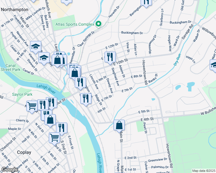 map of restaurants, bars, coffee shops, grocery stores, and more near 738 Dewey Avenue in Northampton