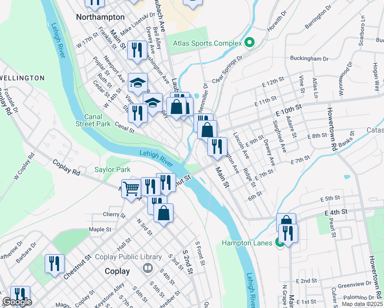 map of restaurants, bars, coffee shops, grocery stores, and more near 1021 Canal Street in Northampton