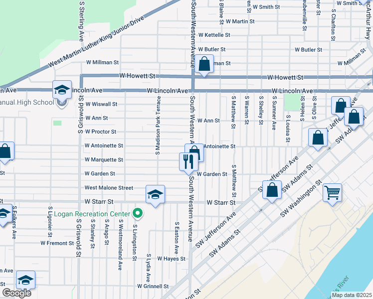 map of restaurants, bars, coffee shops, grocery stores, and more near 1905 West Marquette Street in Peoria