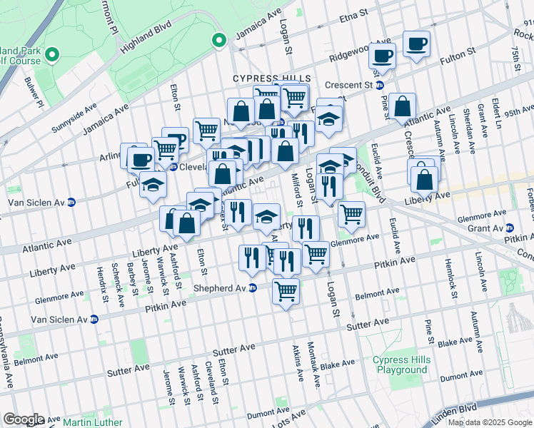 map of restaurants, bars, coffee shops, grocery stores, and more near 70 Atkins Avenue in Brooklyn