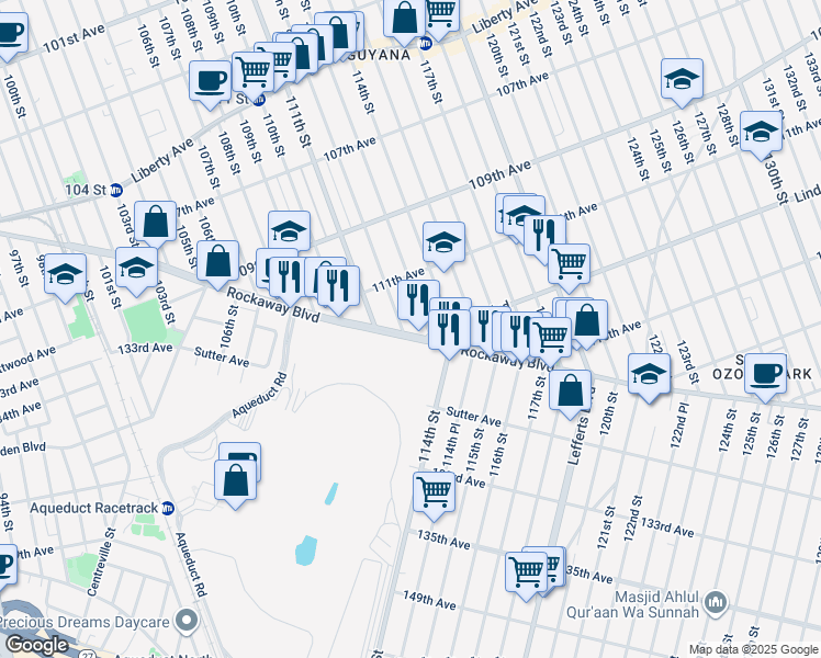 map of restaurants, bars, coffee shops, grocery stores, and more near 113-4 Rockaway Boulevard in Queens