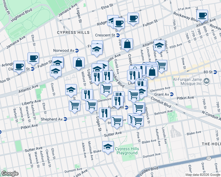 map of restaurants, bars, coffee shops, grocery stores, and more near 403 Chestnut Street in Brooklyn