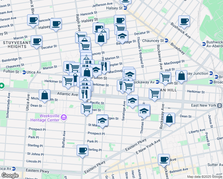 map of restaurants, bars, coffee shops, grocery stores, and more near 30 Dewey Place in Brooklyn