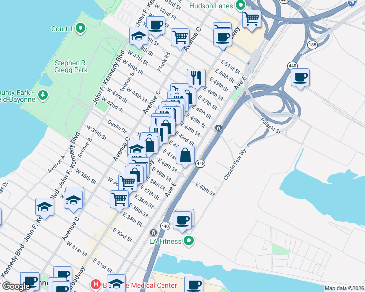 map of restaurants, bars, coffee shops, grocery stores, and more near 48 East 42nd Street in Bayonne