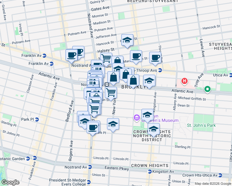 map of restaurants, bars, coffee shops, grocery stores, and more near 1365 Pacific Street in Brooklyn