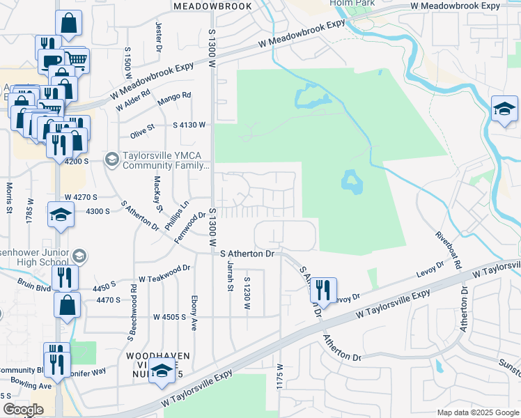 map of restaurants, bars, coffee shops, grocery stores, and more near 4301 Cromwell Court in Taylorsville