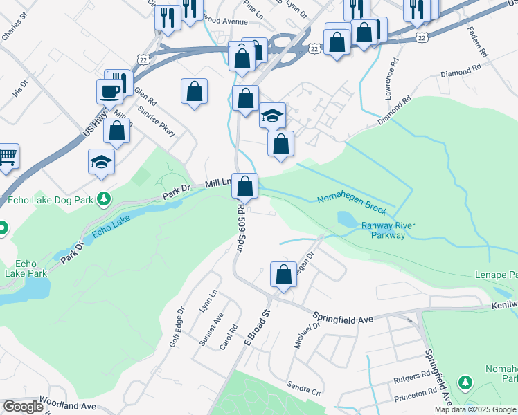 map of restaurants, bars, coffee shops, grocery stores, and more near 522 Springfield Avenue in Westfield