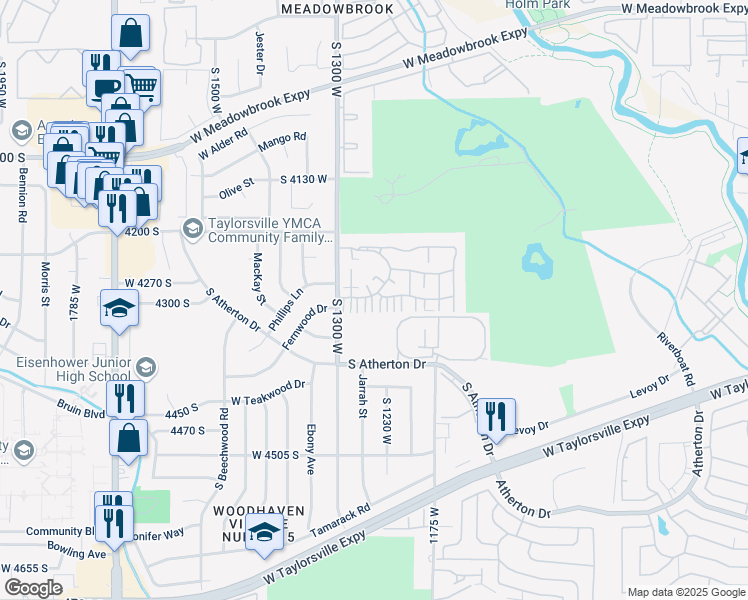 map of restaurants, bars, coffee shops, grocery stores, and more near 4307 South Haverford Court in Taylorsville