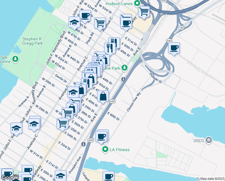 map of restaurants, bars, coffee shops, grocery stores, and more near 179 Broadway in Bayonne
