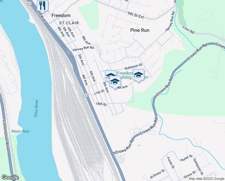 map of restaurants, bars, coffee shops, grocery stores, and more near 1701 8th Avenue in Freedom