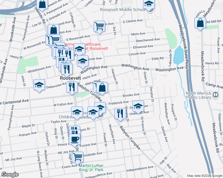 map of restaurants, bars, coffee shops, grocery stores, and more near 7 Brooks Avenue in Roosevelt